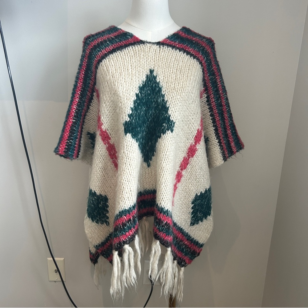 Vintage 90s Boho Knit Fringe Poncho Sweater